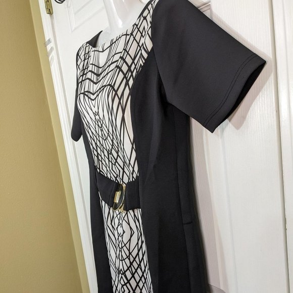 Marisa Kenson Black White Geometric Color Block Stretch Midi Dress - size S NWT - Picture 5 of 9